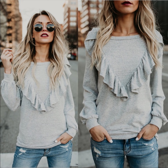 Sweaters - Heather grey chevron ruffle sweater